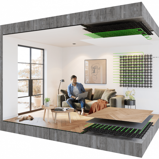 doorsnede woonkamer vloerverwarming, wandverwarming, plafondverwarming